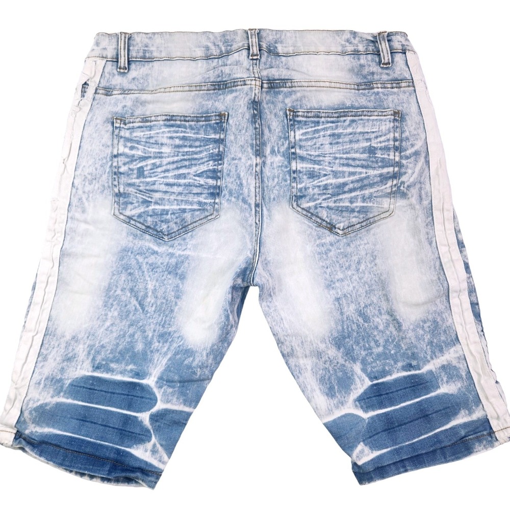 Men's Acid Wash Moto Biker‎ Denim Shorts 38 Light Blue Distressed Zipper Pockets